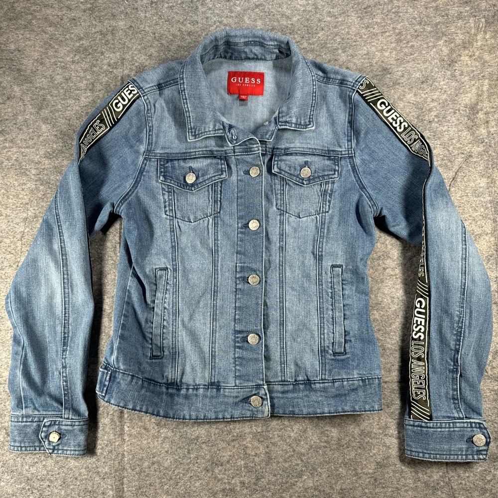 GUESS Los Angeles Denim Blue Jacket Womans Small Sleeve Spellout